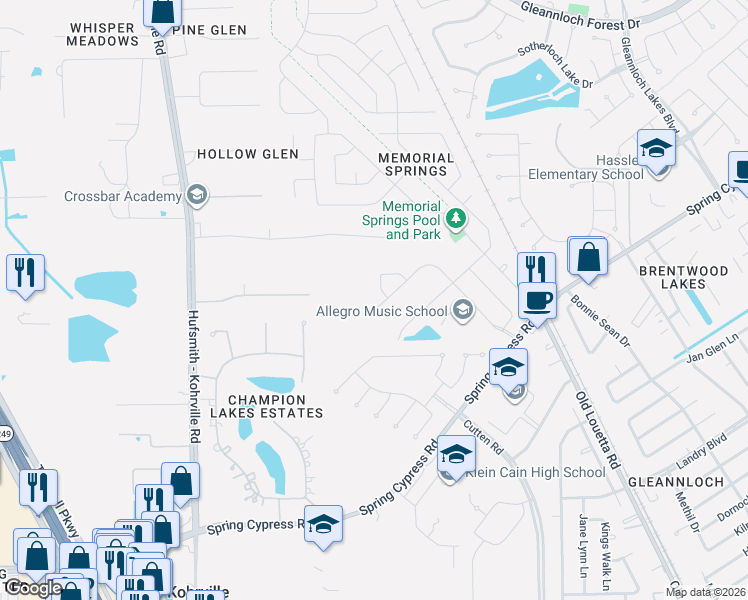 map of restaurants, bars, coffee shops, grocery stores, and more near 10031 Brandywood Circle in Tomball