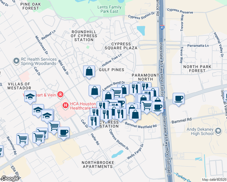 map of restaurants, bars, coffee shops, grocery stores, and more near 303 Lantern Bend Drive in Houston