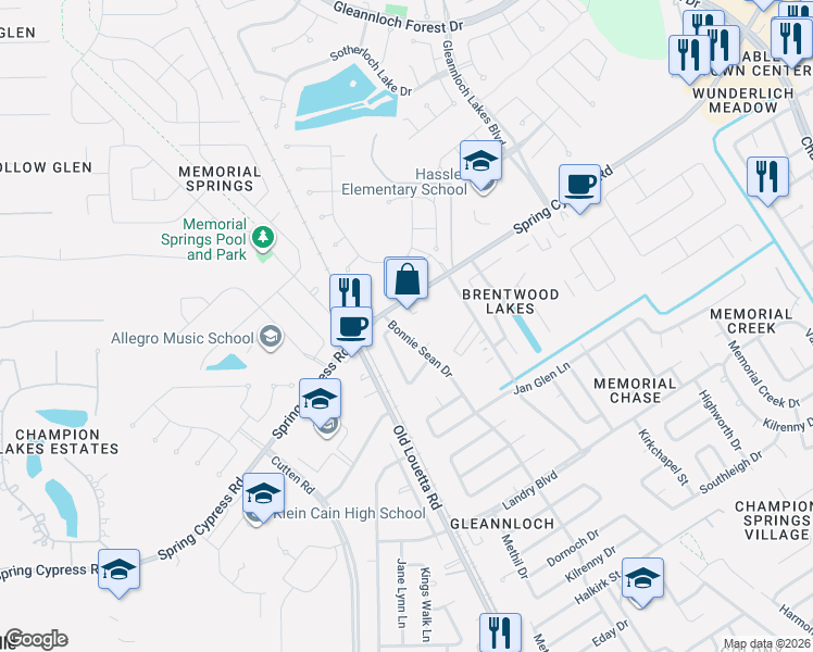map of restaurants, bars, coffee shops, grocery stores, and more near 17558 Methil Drive in Spring