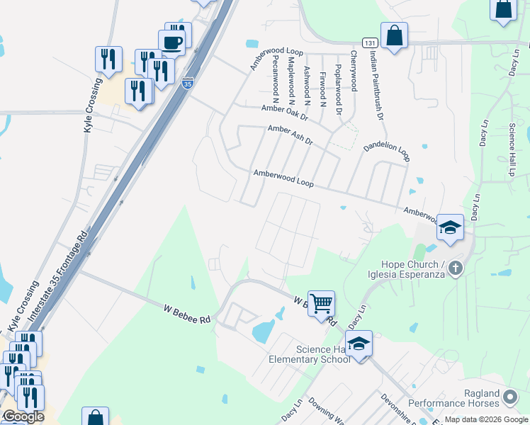 map of restaurants, bars, coffee shops, grocery stores, and more near 675 Bebee Road in Kyle