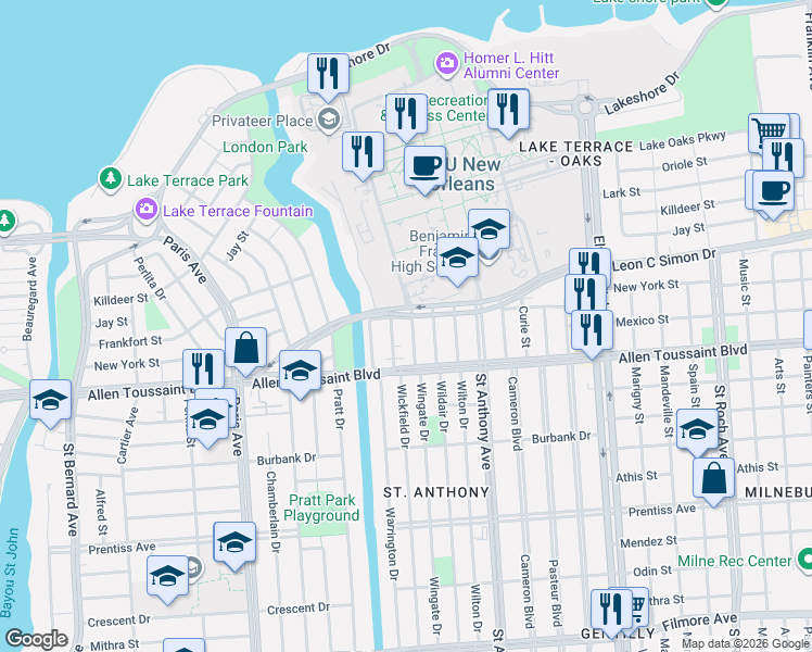 map of restaurants, bars, coffee shops, grocery stores, and more near 6238 Waldo Drive in New Orleans