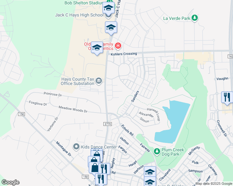 map of restaurants, bars, coffee shops, grocery stores, and more near 1389 Nevarez in Kyle