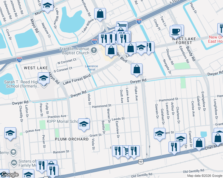 map of restaurants, bars, coffee shops, grocery stores, and more near 4914 Werner Drive in New Orleans