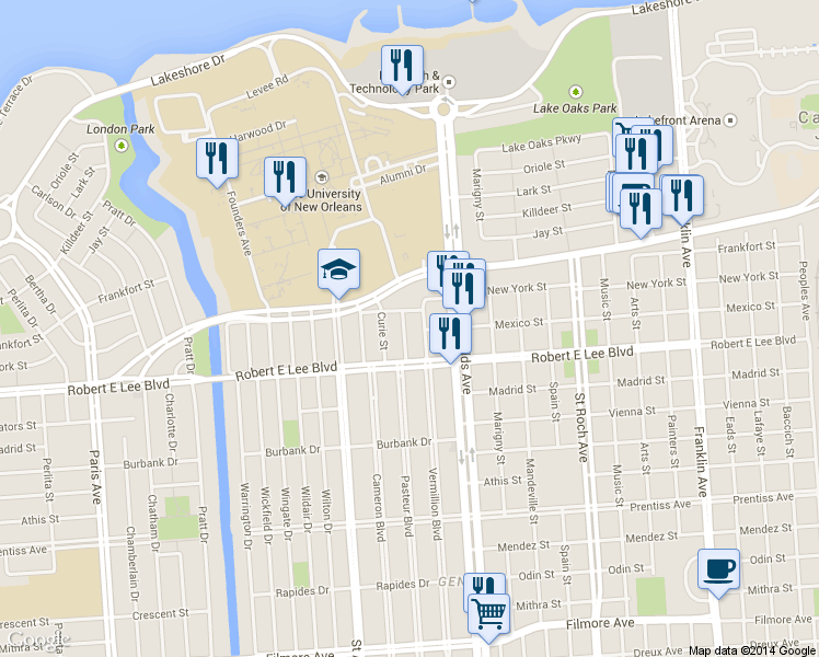 map of restaurants, bars, coffee shops, grocery stores, and more near 6215 Pasteur Boulevard in New Orleans