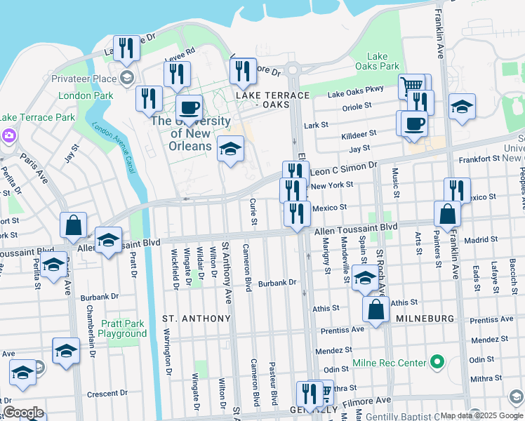 map of restaurants, bars, coffee shops, grocery stores, and more near 6215 Pasteur Boulevard in New Orleans