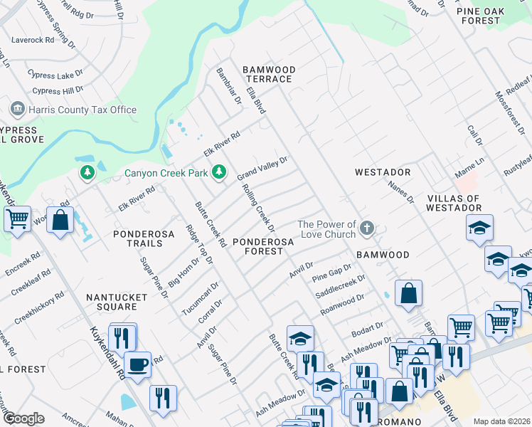 map of restaurants, bars, coffee shops, grocery stores, and more near 1526 Wagon Gap Trail in Houston