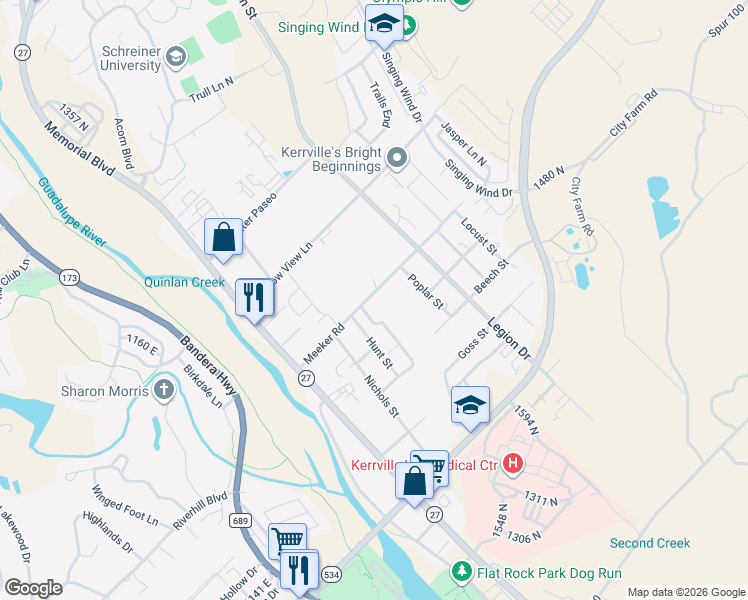 map of restaurants, bars, coffee shops, grocery stores, and more near 401 Meeker Road in Kerrville