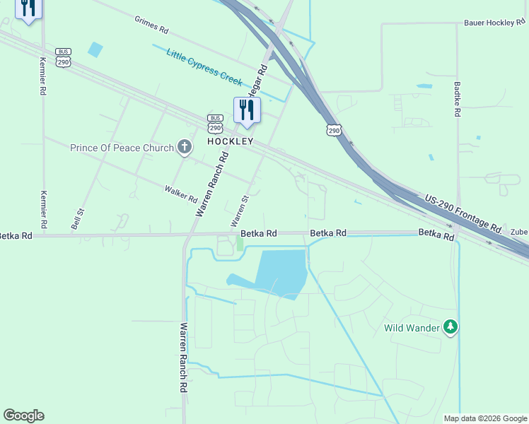 map of restaurants, bars, coffee shops, grocery stores, and more near 26848 Betka Road in Hockley