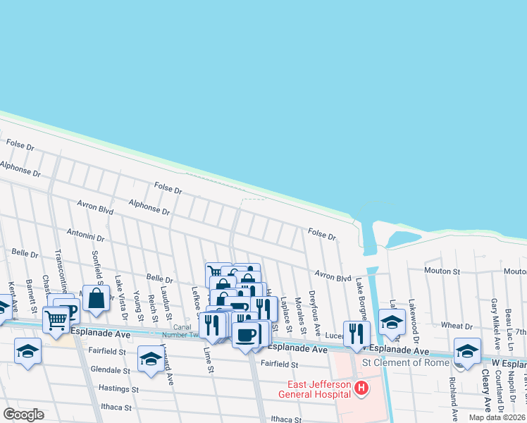 map of restaurants, bars, coffee shops, grocery stores, and more near 4917 Reaser Street in Metairie