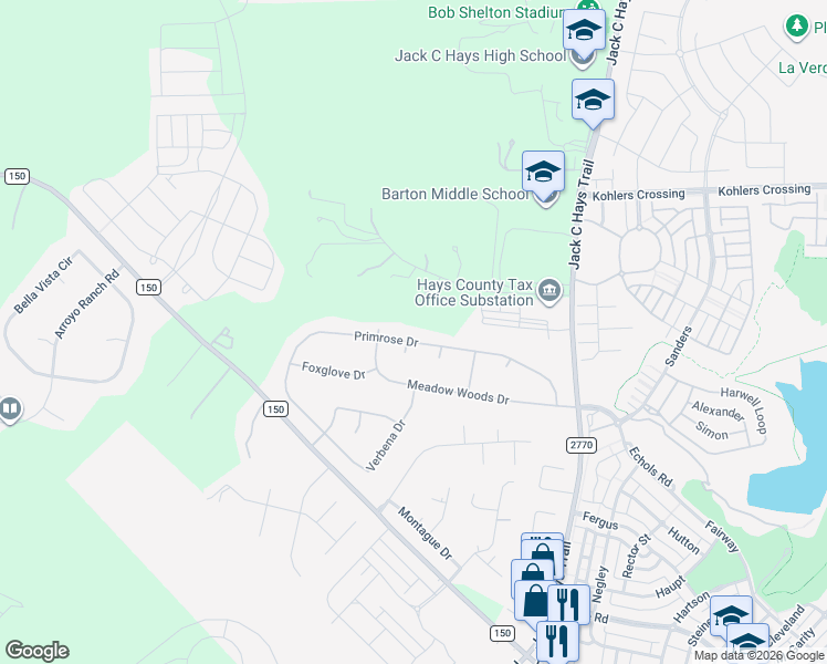 map of restaurants, bars, coffee shops, grocery stores, and more near 503 Rock Rose Circle in Kyle