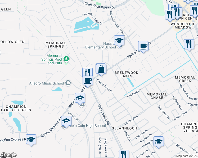 map of restaurants, bars, coffee shops, grocery stores, and more near 17538 Bonnie Sean Drive in Spring
