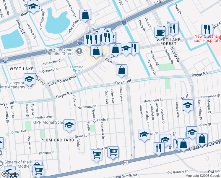 map of restaurants, bars, coffee shops, grocery stores, and more near 4907 Laine Avenue in New Orleans