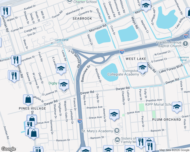 map of restaurants, bars, coffee shops, grocery stores, and more near 5100 Westlake Drive in New Orleans