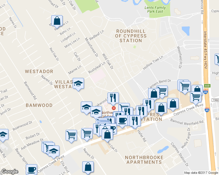 map of restaurants, bars, coffee shops, grocery stores, and more near 800 Peakwood Drive in Houston
