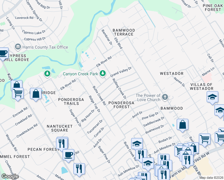 map of restaurants, bars, coffee shops, grocery stores, and more near 1614 Big Horn Drive in Houston