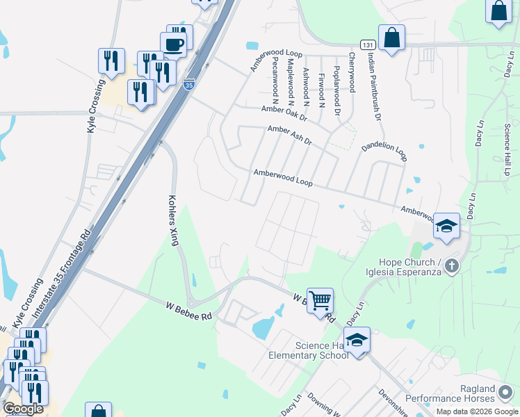 map of restaurants, bars, coffee shops, grocery stores, and more near 101 Redwood Drive in Kyle