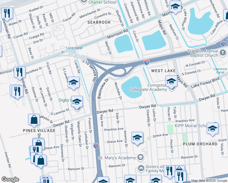 map of restaurants, bars, coffee shops, grocery stores, and more near 5100 Westlake Drive in New Orleans