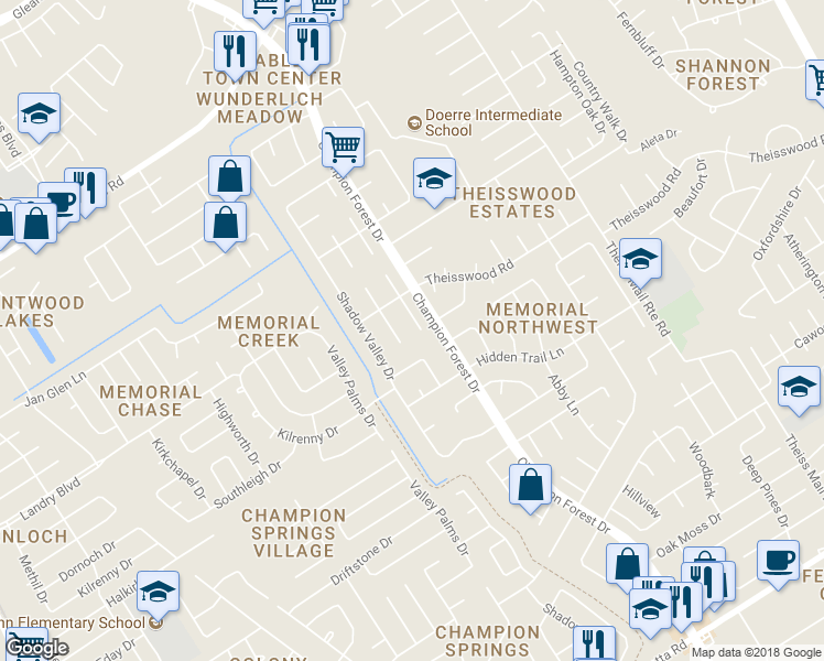 map of restaurants, bars, coffee shops, grocery stores, and more near 17811 Mahogany Forest Drive in Spring