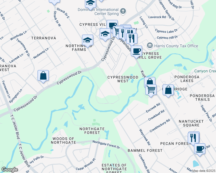 map of restaurants, bars, coffee shops, grocery stores, and more near 17110 Strack Drive West in Spring