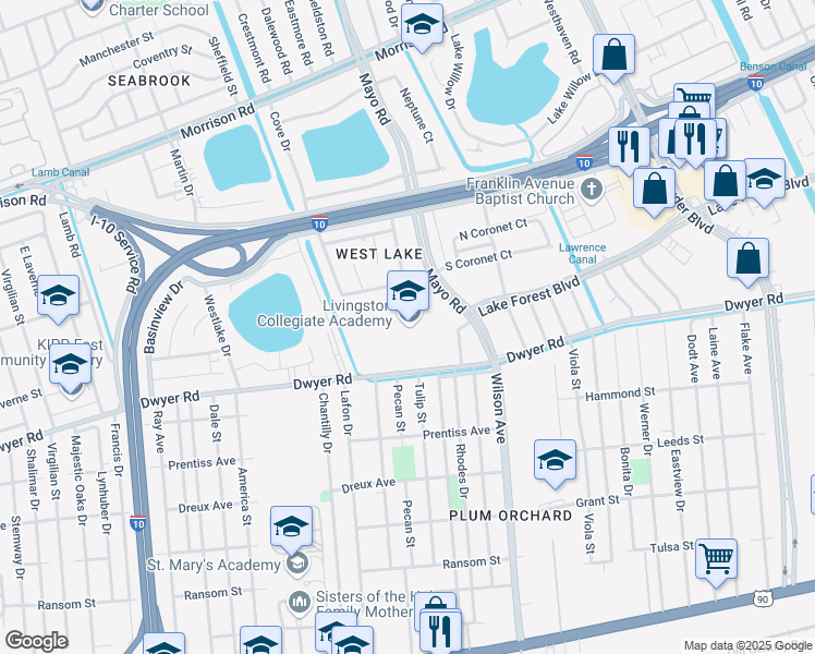 map of restaurants, bars, coffee shops, grocery stores, and more near 7301 Dwyer Road in New Orleans