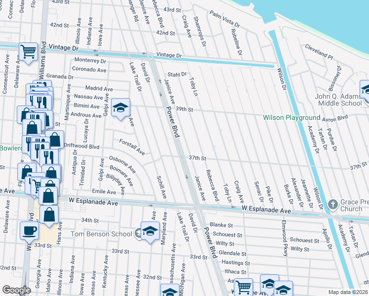 map of restaurants, bars, coffee shops, grocery stores, and more near 2805 37th Street in Kenner