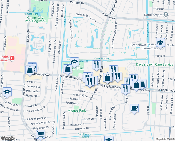 map of restaurants, bars, coffee shops, grocery stores, and more near 716 Village Road in Kenner