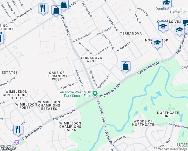 map of restaurants, bars, coffee shops, grocery stores, and more near 17722 Terrawren Lane in Spring