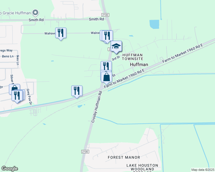 map of restaurants, bars, coffee shops, grocery stores, and more near Farm to Market 1960 in Huffman