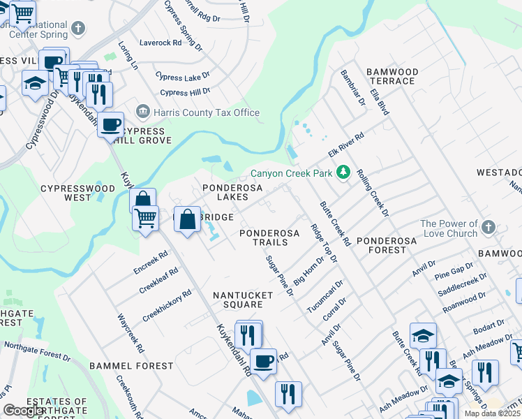 map of restaurants, bars, coffee shops, grocery stores, and more near 1818 Elk River Road in Houston