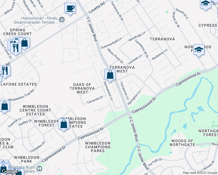 map of restaurants, bars, coffee shops, grocery stores, and more near 17722 Surreywest Lane in Spring