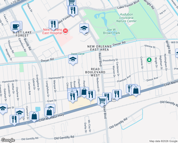 map of restaurants, bars, coffee shops, grocery stores, and more near 4858 Lurline Street in New Orleans