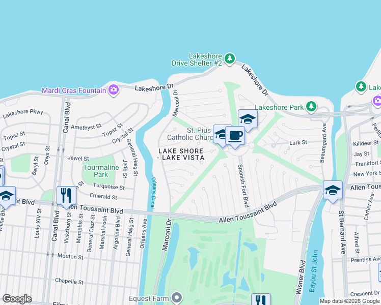 map of restaurants, bars, coffee shops, grocery stores, and more near 74 North Wren Street in New Orleans