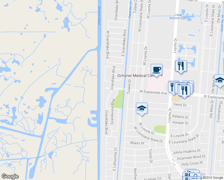 map of restaurants, bars, coffee shops, grocery stores, and more near 3521 West Grandlake Boulevard in Kenner