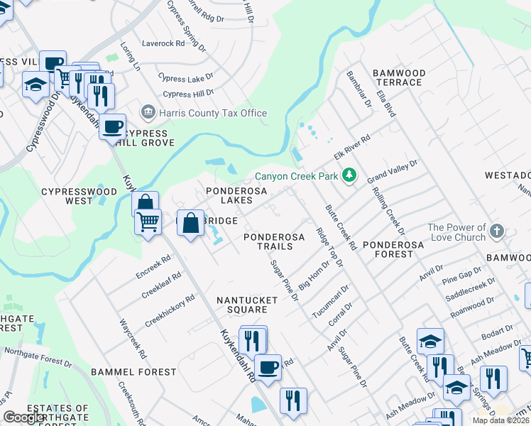 map of restaurants, bars, coffee shops, grocery stores, and more near 1818 Elk River Road in Houston