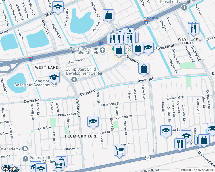 map of restaurants, bars, coffee shops, grocery stores, and more near 7901 Dwyer Road in New Orleans