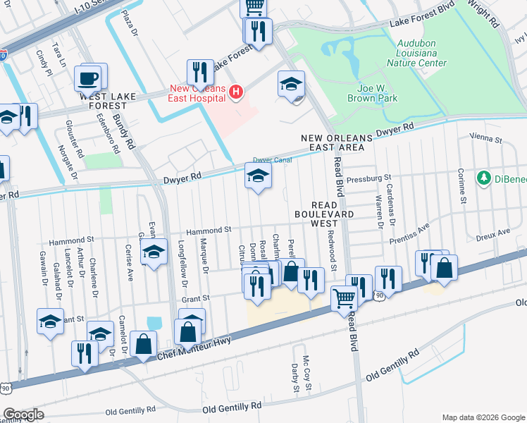 map of restaurants, bars, coffee shops, grocery stores, and more near 4861 Rosalia Drive in New Orleans