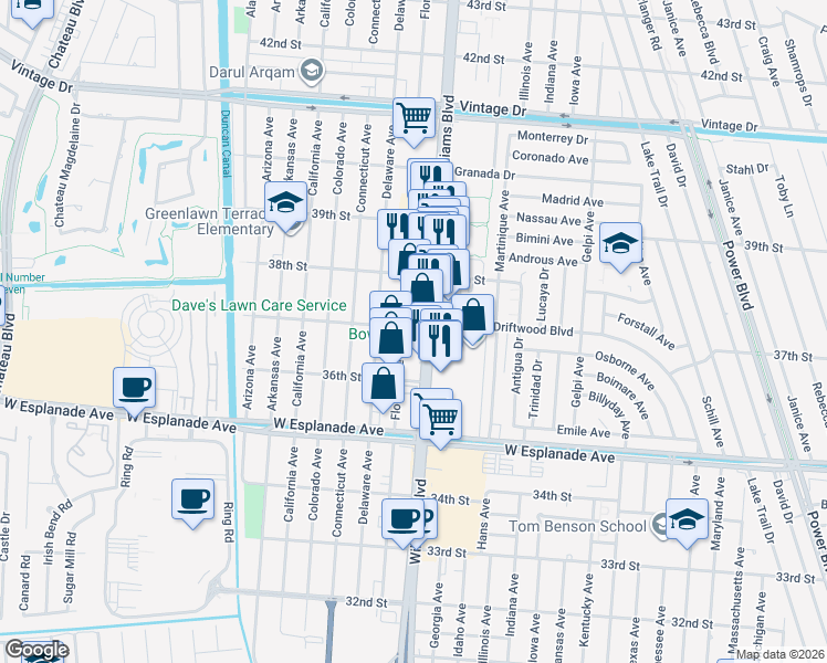 map of restaurants, bars, coffee shops, grocery stores, and more near 3701 Williams Boulevard in Kenner