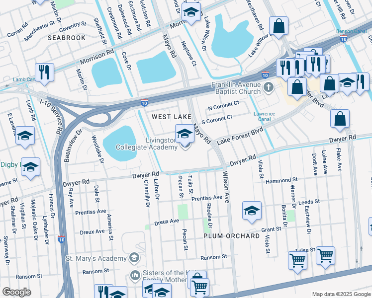 map of restaurants, bars, coffee shops, grocery stores, and more near 7301 Dwyer Road in New Orleans
