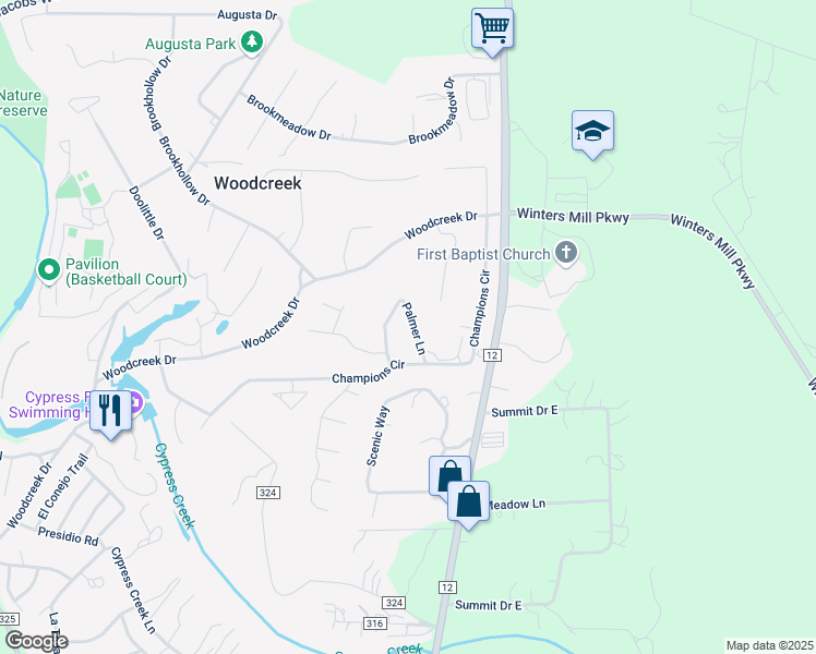 map of restaurants, bars, coffee shops, grocery stores, and more near 21 Palmer Lane in Wimberley