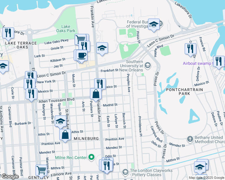 map of restaurants, bars, coffee shops, grocery stores, and more near 6226 Lafaye Street in New Orleans