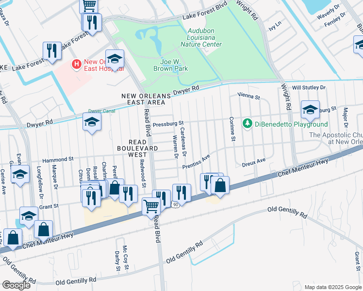 map of restaurants, bars, coffee shops, grocery stores, and more near 4835 Cardenas Drive in New Orleans