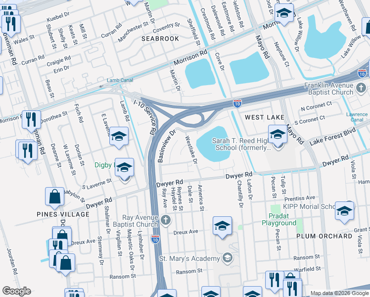 map of restaurants, bars, coffee shops, grocery stores, and more near 13 Lakeway Court in New Orleans