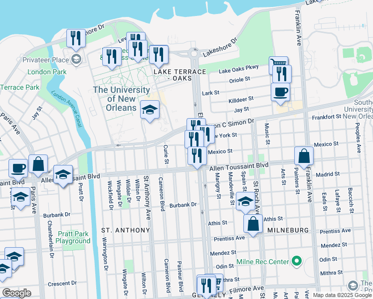 map of restaurants, bars, coffee shops, grocery stores, and more near 2100 Leon C Simon Drive in New Orleans
