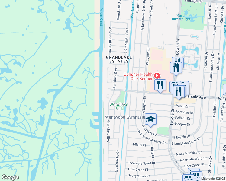 map of restaurants, bars, coffee shops, grocery stores, and more near 3521 West Grandlake Boulevard in Kenner