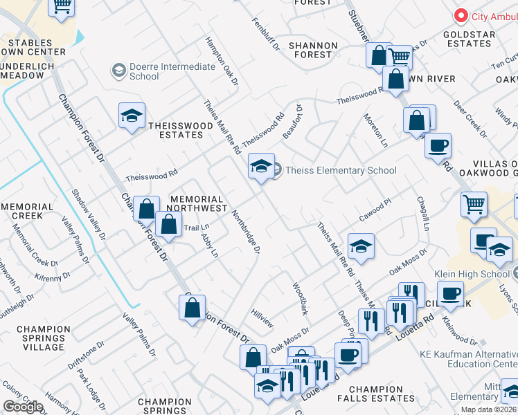 map of restaurants, bars, coffee shops, grocery stores, and more near 17518 Hidden Forest Drive in Spring