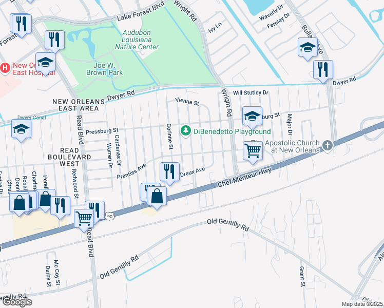 map of restaurants, bars, coffee shops, grocery stores, and more near 10898 Prentiss Avenue in New Orleans