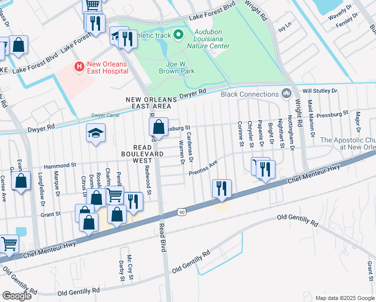map of restaurants, bars, coffee shops, grocery stores, and more near 4835 Cardenas Drive in New Orleans