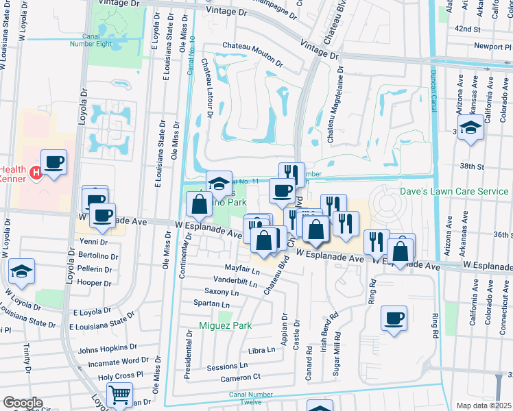 map of restaurants, bars, coffee shops, grocery stores, and more near 716 Village Road in Kenner