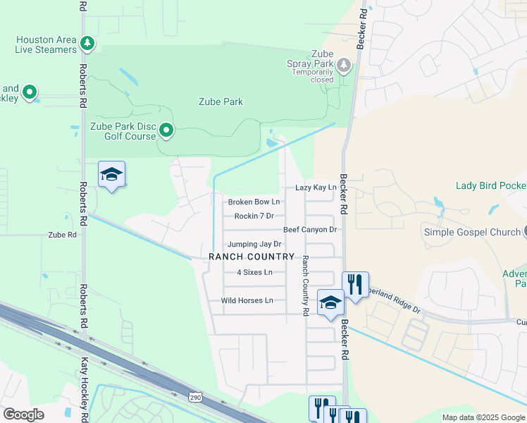 map of restaurants, bars, coffee shops, grocery stores, and more near 24318 Broken Bow Drive in Hockley