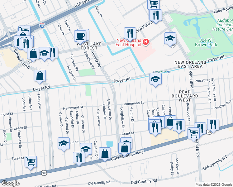 map of restaurants, bars, coffee shops, grocery stores, and more near 4918 Longfellow Drive in New Orleans